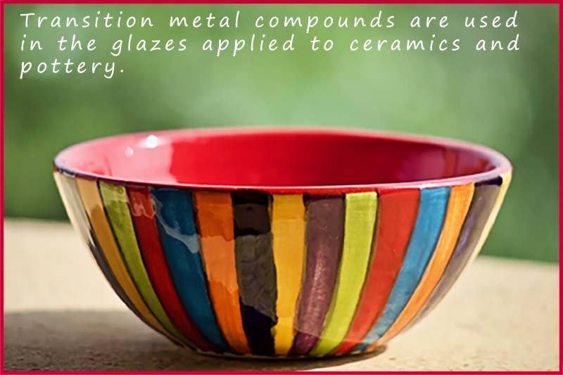 Bowl coloured with transition metal compounds, the transition metal compounds are used in glazes in the pottery industry.